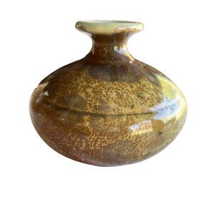 Vintage Follette Small Ceramic Bud Vase Speckled Brown Yellow Glaze Bit of Blue